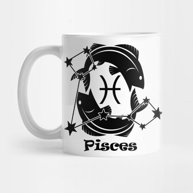 Pisces - Zodiac Astrology Symbol with Constellation and Fish Design (Black on White Variant) by Occult Designs